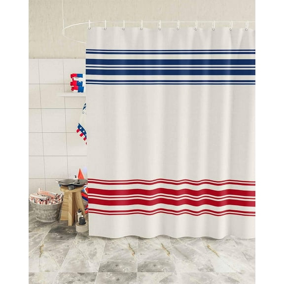 Red Blue Stripes Shower Curtain, Happy 4 th of July Shower Curtain Set with Hooks, Spring Summer Waterproof Fabric Shower Curtains for Bathroom Decor, 72x72 Inch Bath Curtain