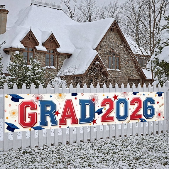 Red Blue Theme Grad 2026 Banner Graduation Cap Design Grad Ceremony Backdrop Stars Pattern Fireworks Decor 2026 Grad Background for Graduation Ceremony College Graduation Grad Party