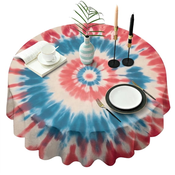 Red Blue Tie Dye Flower Round Tablecloth 60"x60",Wrinkle Wipeable Table Cloth for Kitchen Dining Room Picnic Patio Party