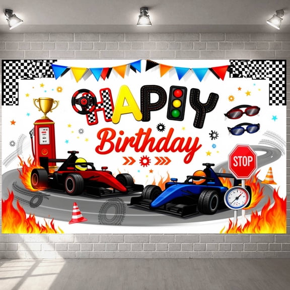 Red & Blue Tone Banner Flame Pattern Race Car Backdrop Checkered Flag Design for Kids Birthday Party Racing Themed Party Indoor Celebration