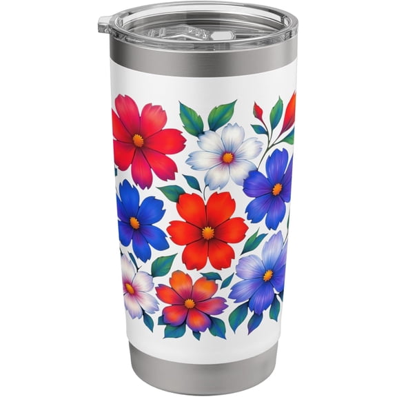 Red Blue White Cosmos Floral Pattern Shapes Mania Stainless Steel Insulated Tumbler
