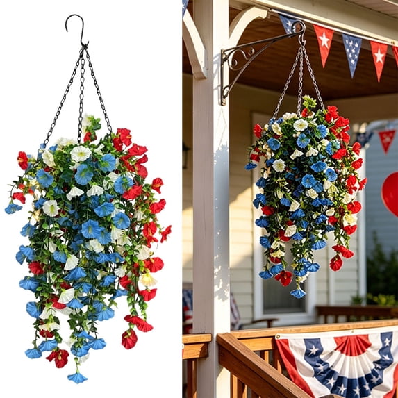 Red Blue White Flowers, Patriotic Artificial Hanging Plants, 4th of July 250th Anniversary Porch Decor Independence Day Floral Arrangement for Memorial Day Home Outdoor