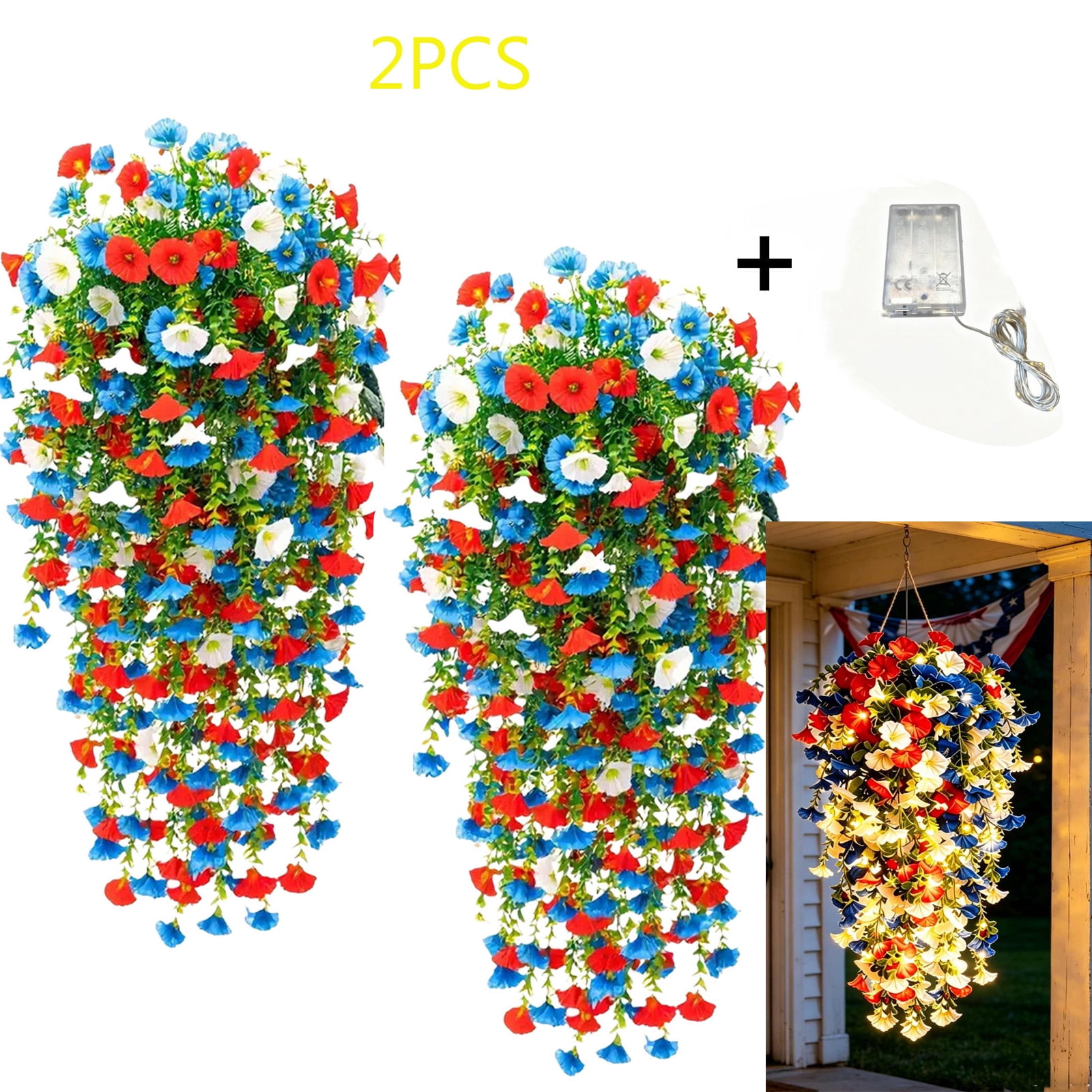 Red Blue White Flowers, Patriotic Artificial Hanging Plants, 4th of July 250th Anniversary Porch Decor Independence Day Floral Arrangement for Memorial Day Home Outdoor