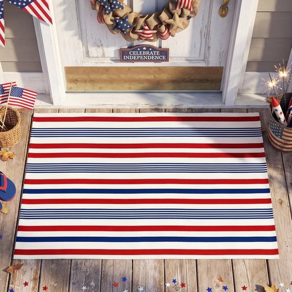 Red Blue White Memorial Day Striped Rug 24'' x 16'' 250 Anniversary Mat Patriotic Outdoor Front Porch USA Door Mat Welcome Layering Rustic Rug 4th of July Doormat for Entryway Farmhouse Decor