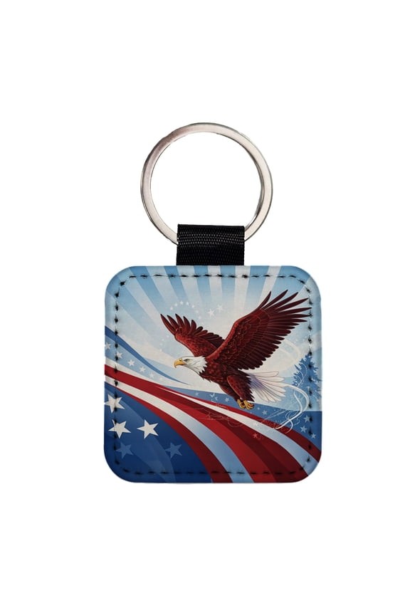 Red Blue White Patriotic Bald Eagle Faux Leather Square Keychain