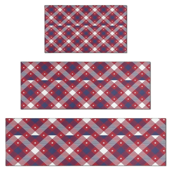 Red Blue White Star Plaid Checkered Pattern Kitchen Rugs Sets Of 3,Kitchen Runner Rugs Non Skid Washable,Decorative Kitchen Floor Mats for Kitchen,Sink,Laundry,17"x30"+ 17"x47" + 17"x59"