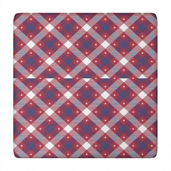 Red Blue White Star Plaid Checkered Pattern Square Fitted Tablecloth with Elastic Edge,Square Table Cover,Washable Elastic Table Cover for Home Kitchen Party Decor 34"x34"