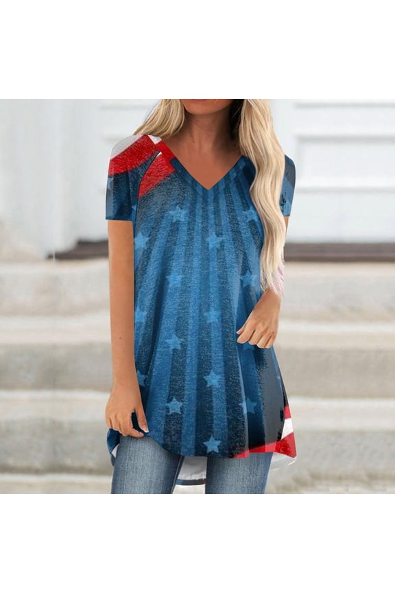Red and Blue Womens Tops, 250Th Anniversary Romantic Tops, Short Sleeve V-Neck Tops, Soft Flowy Blouse Casual Tops, Great for 4Th of July Independence Day Parties Size: L #N