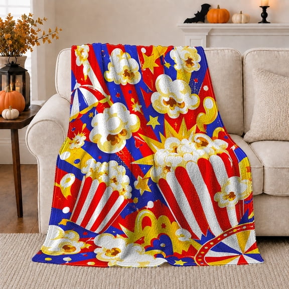 Red Blue Yellow Circus Popcorn Stars Film Stripes Movie Night Flannel Blanket, Cozy Sofa Throw for Kids and Cinema Fans, Warm Bedroom Dorm Lounge Home Decor, Birthday Gift