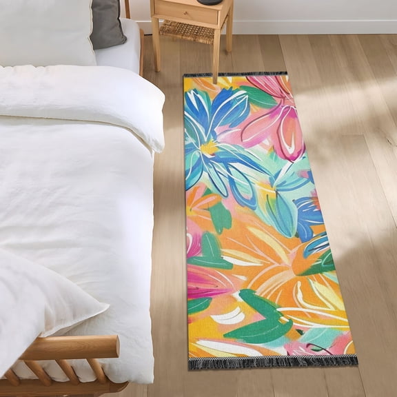Red Blue Yellow Flowers Bedside Runner Rug 2'x 6' Non Slip Carpet Floor Mat Area Rug
