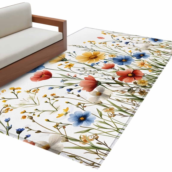 Red Blue Yellow Spring Floral 3'x5' Washable Rug, Blooming Summer Botanical Non-Slip Area Rugs for Entryway Kitchen Classroom, Dorm Throw Carpet, Low Pile Soft Indoor Floor Mat