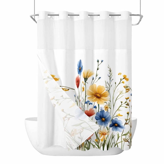 Red Blue Yellow Spring Floral No Hook Shower Curtain Waterproof,Bathroom Curtains with Snap in Liners and See Through Top Window,Blooming Summer Botanical Hotel Bathtub Curtains Shower 60"Wx72"L