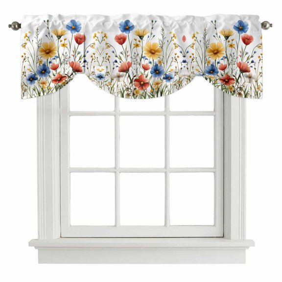 Red Blue Yellow Spring Floral Tie Up Valance Curtains for Windows, Kitchen Curtains Window Shades, Blooming Summer Botanical Light Filtering Roman Curtain Valances for Bedroom/Bathroom/Cafe 42"x12"