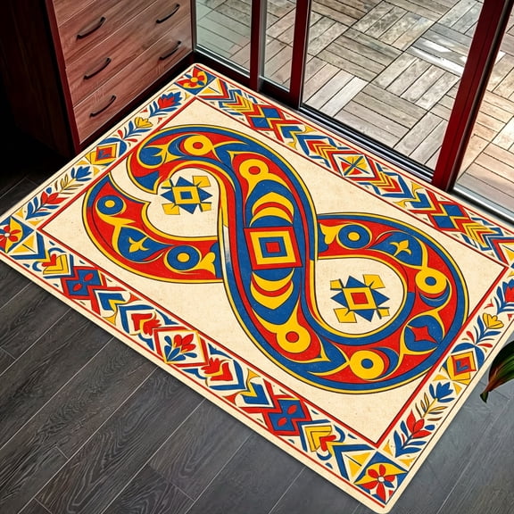 Red Blue Yellow Traditional Folk Infinity Floor Mat, Indoor Outdoor Entryway Holiday Gathering Home Decor, Thanksgiving Christmas Gift
