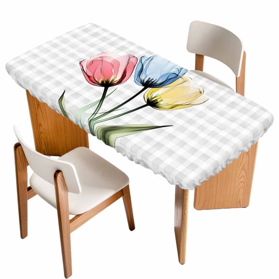 Red Blue Yellow Tulips Fitted Rectangle Tablecloth 24" x 50" Transparent Flowers Gray Plaid Elastic Table Cloth Fits for 4 Foot Folding Tables Waterproof Table Cover for Picnic Camping Outdoor