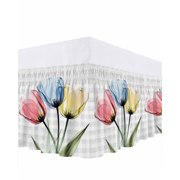Red Blue Yellow Tulips Ruffle Bed Skirt Queen Size Transparent Flowers Adjustable Elastic Dust Bed Skirts Wrap Around Bedskirt Wrinkle Free Easy Fit with 18 Inch Drop