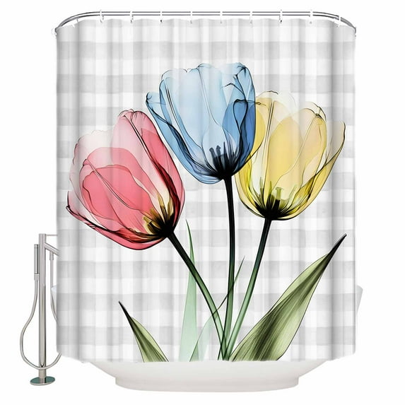 Red Blue Yellow Tulips Shower Curtain, 48" x 72", Transparent Flowers Gray Plaid Waterproof Bathroom Curtain Washable Shower Curtain Set with 12 Hooks