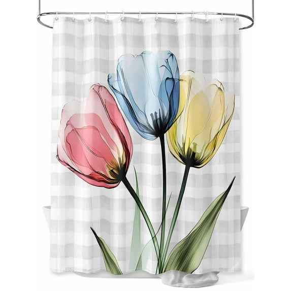 Red Blue Yellow Tulips Shower Curtain, Transparent Flowers Gray Plaid Waterproof Shower Curtain Set with 12 Hooks Lightweight Washable Fabric Shower Curtains for Bathroom 72x78 Inches
