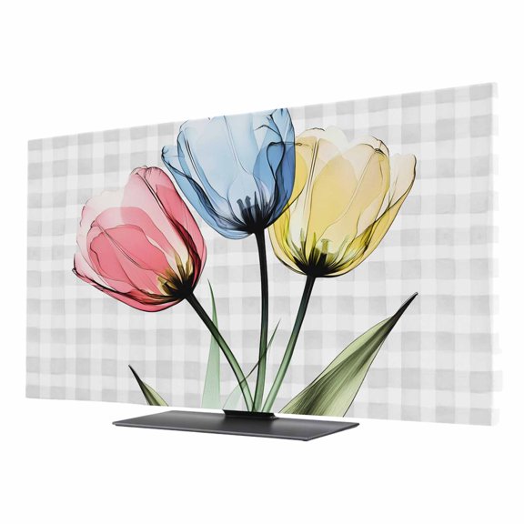 Red Blue Yellow Tulips TV Dust Cover 24 Inch, Transparent Flowers Gray Plaid Computer Monitor Cover Dustproof Stretchable Indoor TV Screen Protector for LED LCD Universal Monitors
