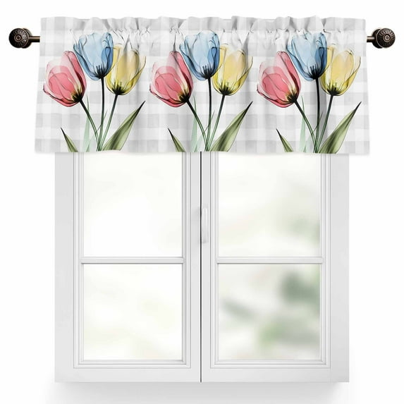 Red Blue Yellow Tulips Valances for Windows, 42 x 18in, Transparent Flowers Gray Plaid Rod Pocket Kitchen Valance Curtain Light Filtering Window Treatments for Living Room Bedroom, 1 Panel