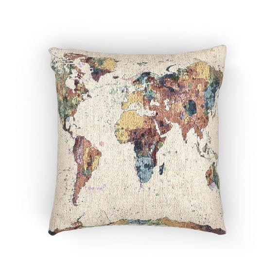 Red, Blue, Yellow and Green Watercolor World Map Woven Pillow, Cotton-Polyester Shell, Travel Decor