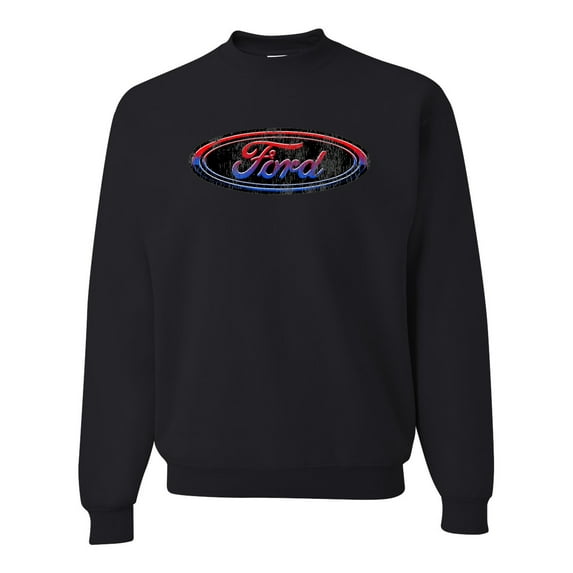 Red Blue and Black Ford Logo | Mens Cars and Trucks Crewneck Graphic Sweatshirt, Black, 3XL