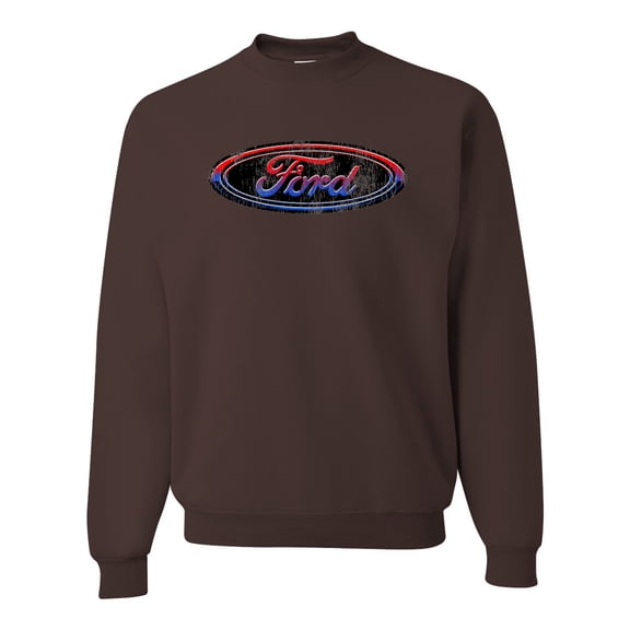 Red Blue and Black Ford Logo | Mens Cars and Trucks Crewneck Graphic Sweatshirt, Brown, X-Large