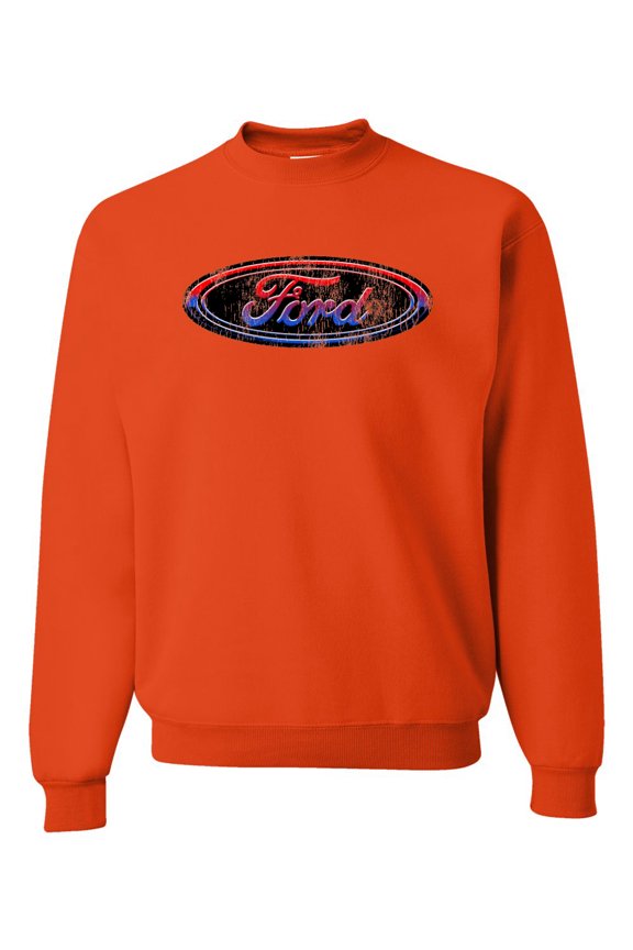 Red Blue and Black Ford Logo | Mens Cars and Trucks Crewneck Graphic Sweatshirt, Orange, Small
