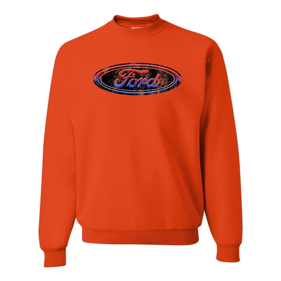 Red Blue and Black Ford Logo | Mens Cars and Trucks Crewneck Graphic Sweatshirt, Orange, X-Large