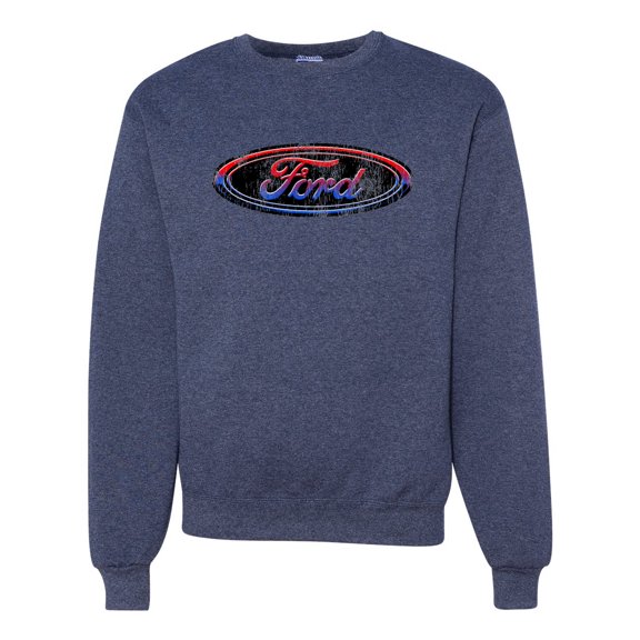 Red Blue and Black Ford Logo | Mens Cars and Trucks Crewneck Graphic Sweatshirt, Vintage Heather Navy, Large