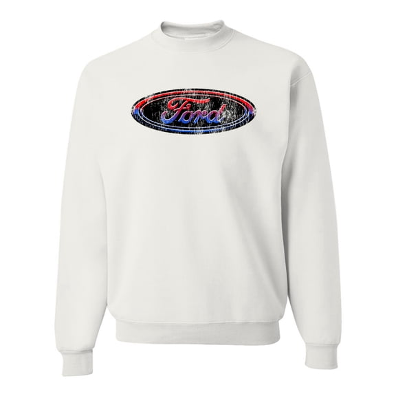 Red Blue and Black Ford Logo | Mens Cars and Trucks Crewneck Graphic Sweatshirt, White, Medium