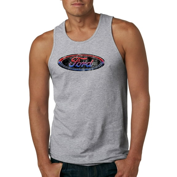 Red Blue and Black Ford Logo | Mens Cars and Trucks Graphic Tank Top, Heather Grey, Small