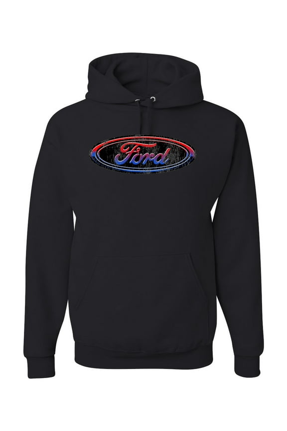 Red Blue and Black Ford Logo | Mens Cars and Trucks Hooded Sweatshirt Graphic Hoodie, Black, Small