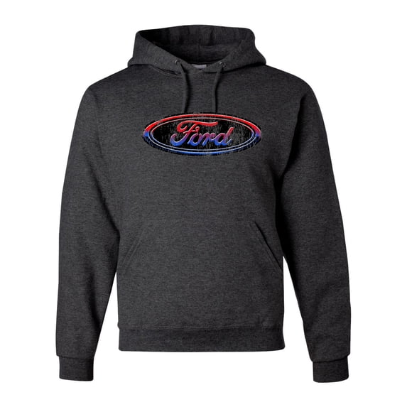 Red Blue and Black Ford Logo | Mens Cars and Trucks Hooded Sweatshirt Graphic Hoodie, Heather Black, 3XL