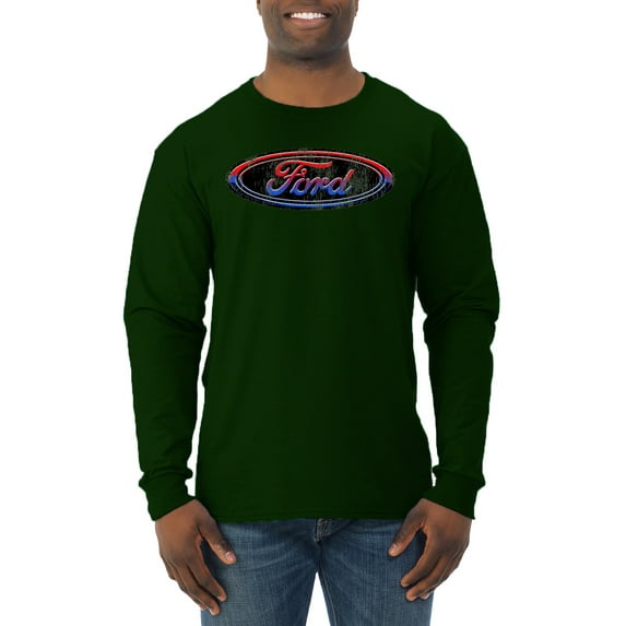 Red Blue and Black Ford Logo | Mens Cars and Trucks Long Sleeve T-Shirt, Forest Green, X-Large