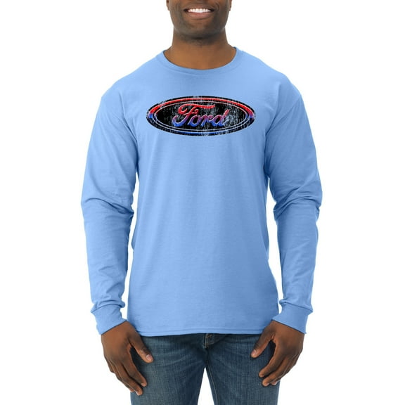 Red Blue and Black Ford Logo | Mens Cars and Trucks Long Sleeve T-Shirt, Light Blue, 2XL