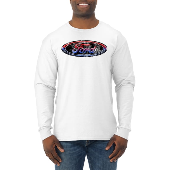 Red Blue and Black Ford Logo | Mens Cars and Trucks Long Sleeve T-Shirt, White, Large