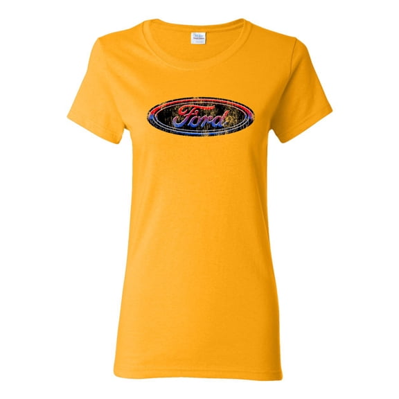 Red Blue and Black Ford Logo | Womens Cars and Trucks Graphic T-Shirt, Gold, Small