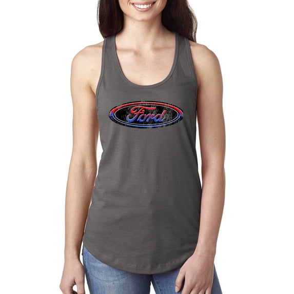 Red Blue and Black Ford Logo | Womens Cars and Trucks Jersey Racerback Tank Top, Dark Grey, Medium