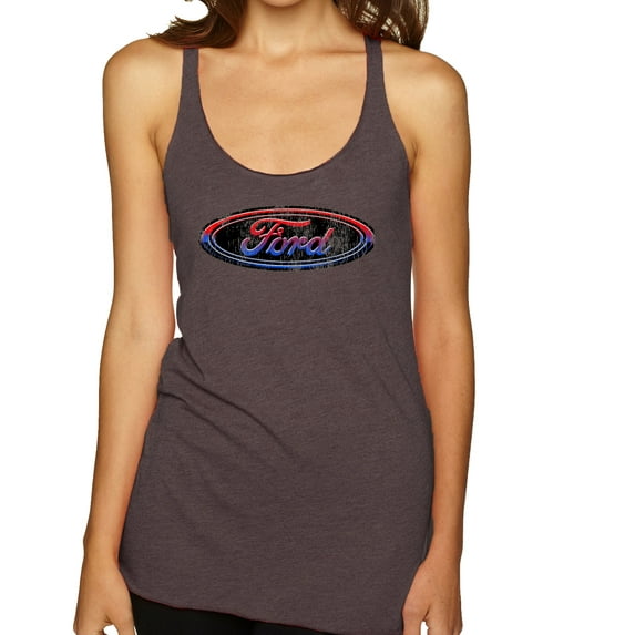 Red Blue and Black Ford Logo | Womens Cars and Trucks Premium Tri-Blend Racerback Tank Top, Brown, Small
