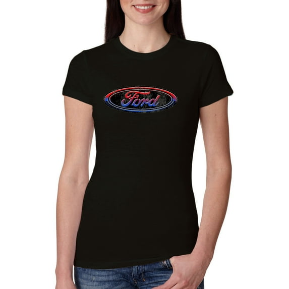 Red Blue and Black Ford Logo | Womens Cars and Trucks Slim Fit Junior Tee, Black, Small