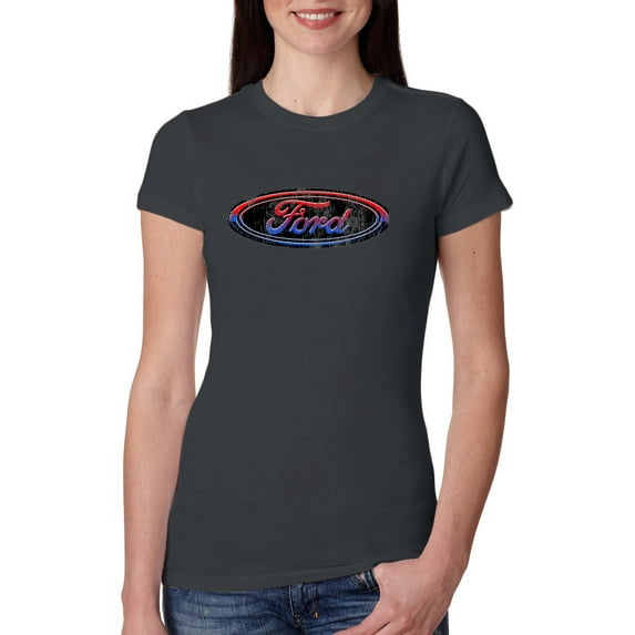 Red Blue and Black Ford Logo | Womens Cars and Trucks Slim Fit Junior Tee, Dark Grey, Small