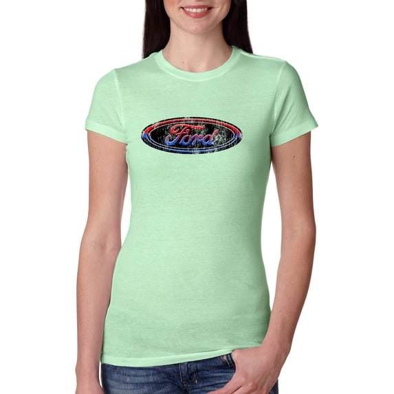 Red Blue and Black Ford Logo | Womens Cars and Trucks Slim Fit Junior Tee, Mint, Medium