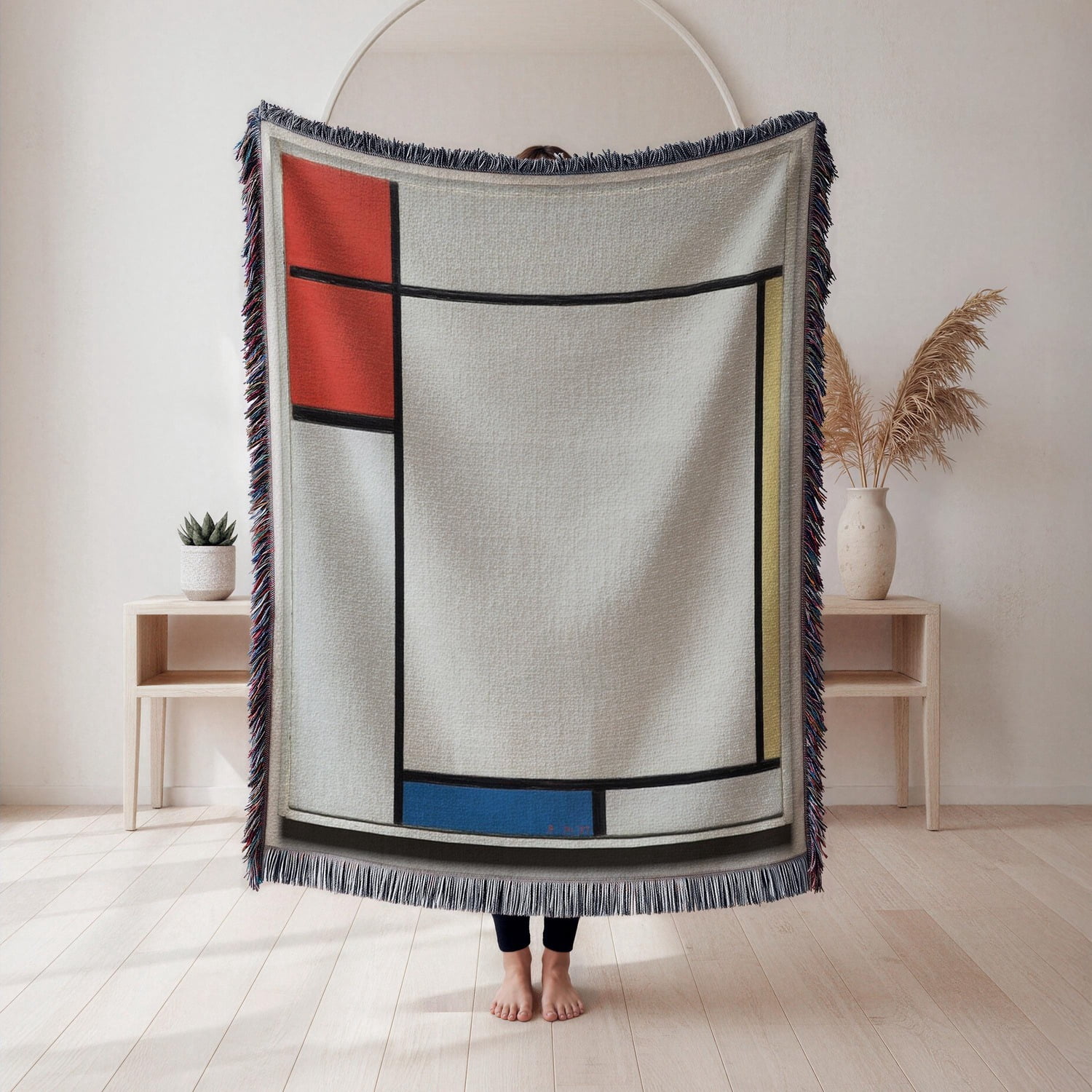 Red Blue and Light Gray Color-Block Grid Woven Blanket, 100% Cotton ...
