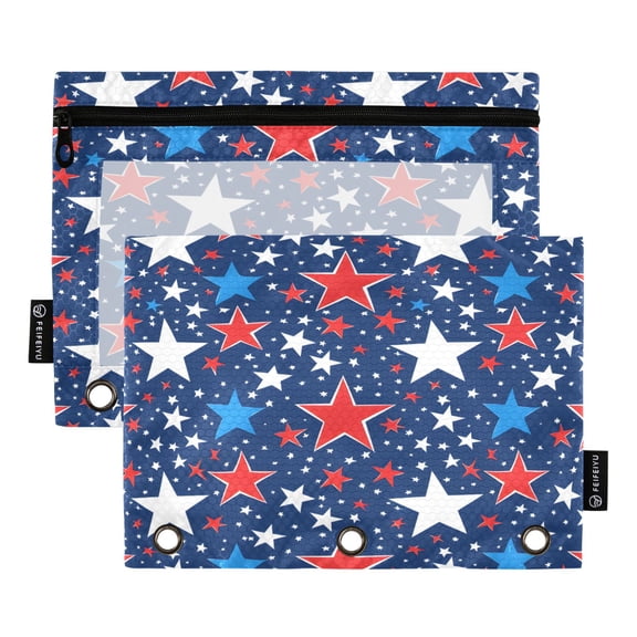 Red Blue and White Colored Stars Binder Pouches Zipper Pocket Document Storage 3 Rings 2 Packs A5 Size