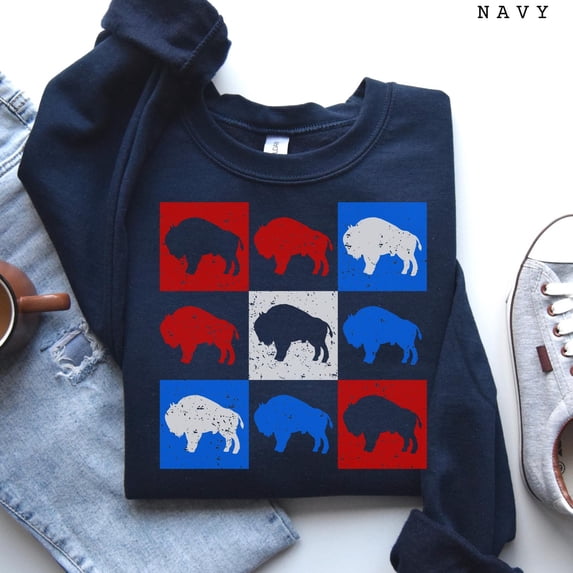 Red, Blue and White Pop Art Bison Grid Unisex Classic Crewneck ...