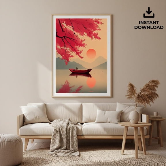 Red Boat Maple Leaves Poster Japandi Zen Lake Landscape Art, Unframed Poster