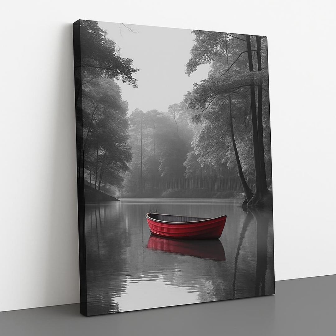 Red Boat On Misty Lake Wall Art Print, Selective Color, Serene Nature ...