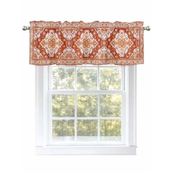 Red Bohemian Curtain Valances for Windows, Retro Boho Medieval Mural Window Valances, Window Treatment Rod Pocket Valance Curtains for Living Room/Kitchen/Bedroom/Bathroom, 54x18inch