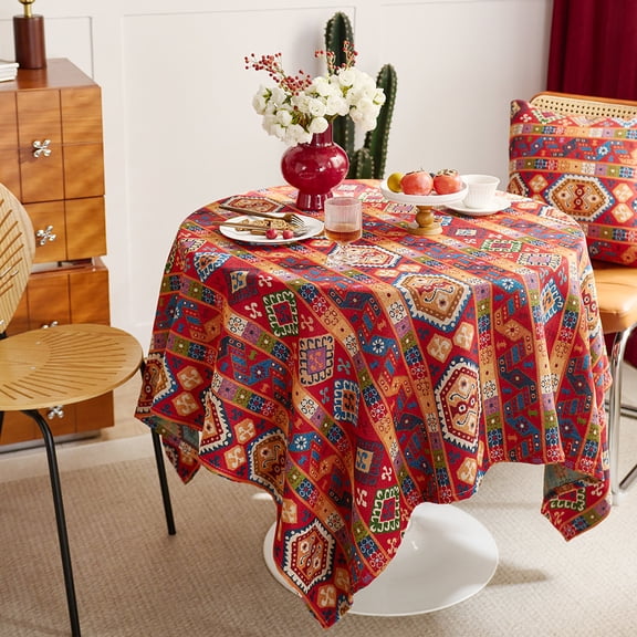 Red Bohemian Jacquard Tablecloth, New Year Holiday Festive Decoration, Round Table Cover for Dining/Coffee Table with Festive Vibe
